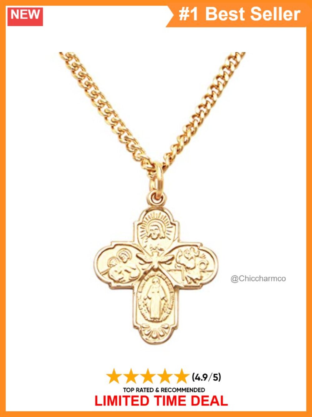 16K Gold Plated Sterling Silver Four Way Cross Necklace 18"